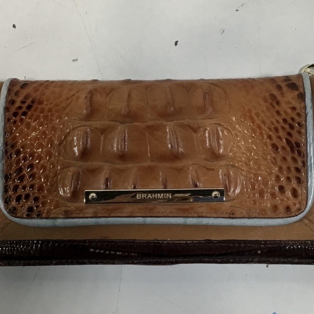 Women’s Brahmin Tan/Brown/Blue Melbourne Crocodile Embossed Bi-fold Wallet